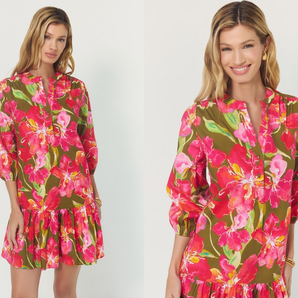 NWT Hutch Tamia Dress in Olive/ Multi Watercolor Vivid Orchids size Small